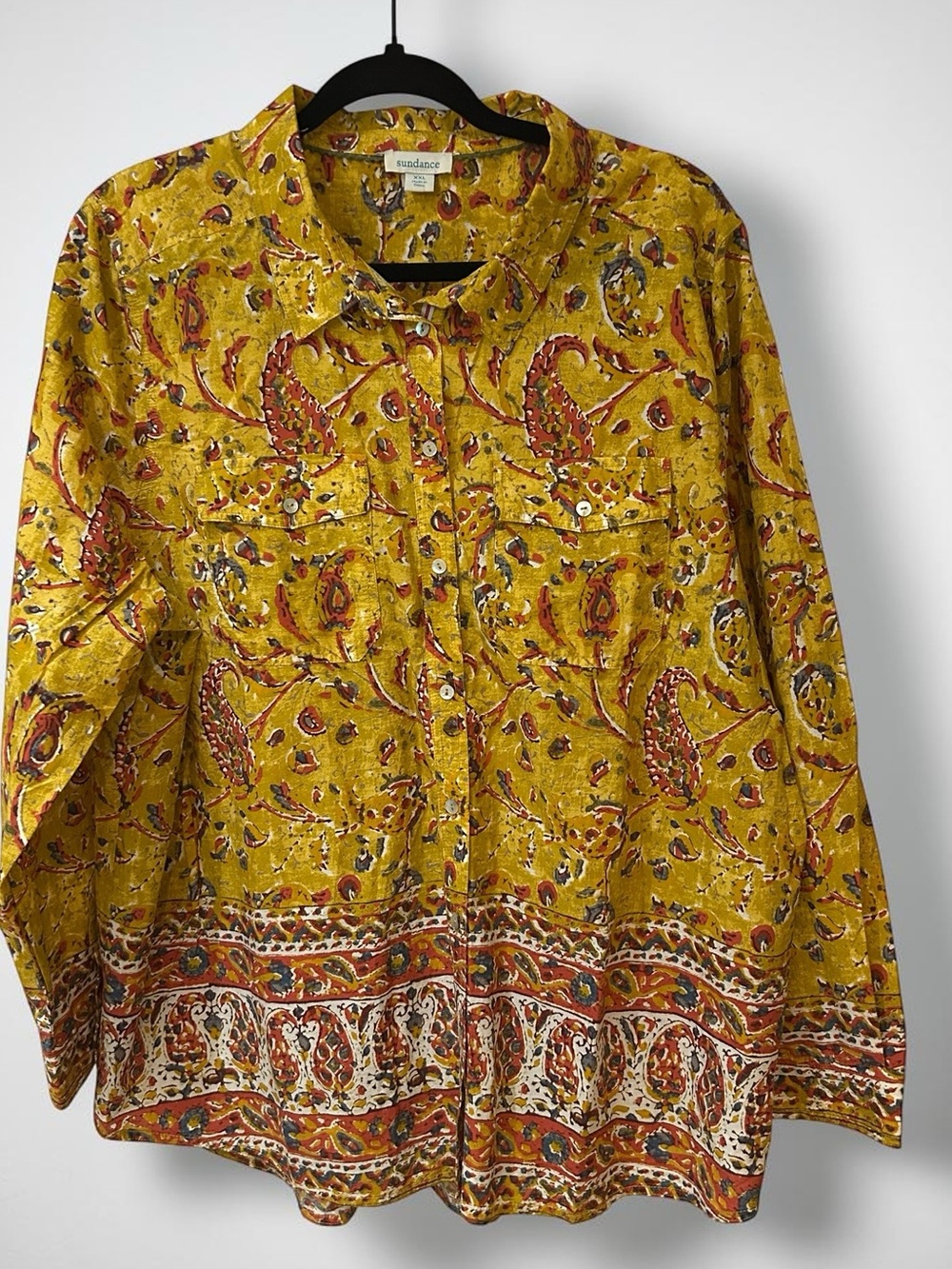 Sundance Mustard Paisley Button-Front Cotton Blouse XXL